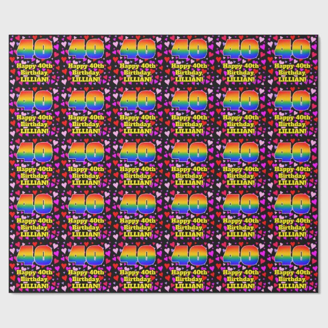40th Birthday: Loving Hearts Pattern, Rainbow # 40 Wrapping Paper (Flat)