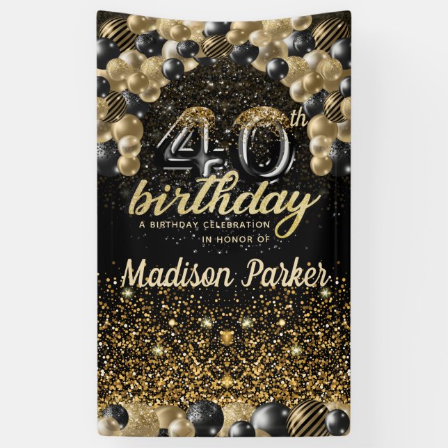 40th Birthday Luxury Personalised Black Gold Banner (Vertical)
