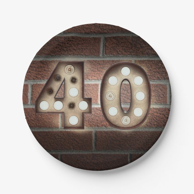 40th birthday marquee sign on brick wall paper plate (Front)