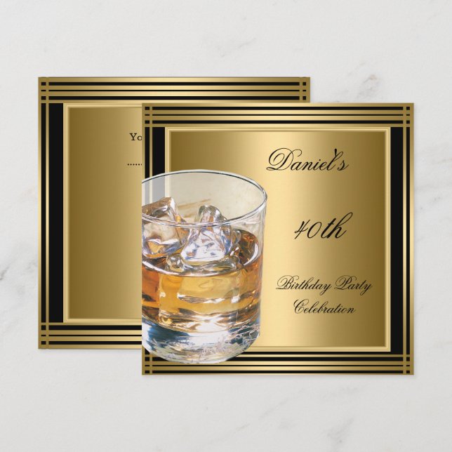 40th Birthday Mens Black Gold Cold Drinks Mans Invitation (Front/Back)