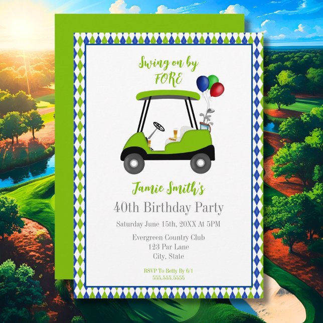 40th Birthday Men's Golf Cart Elegant Invitation (Creator Uploaded)