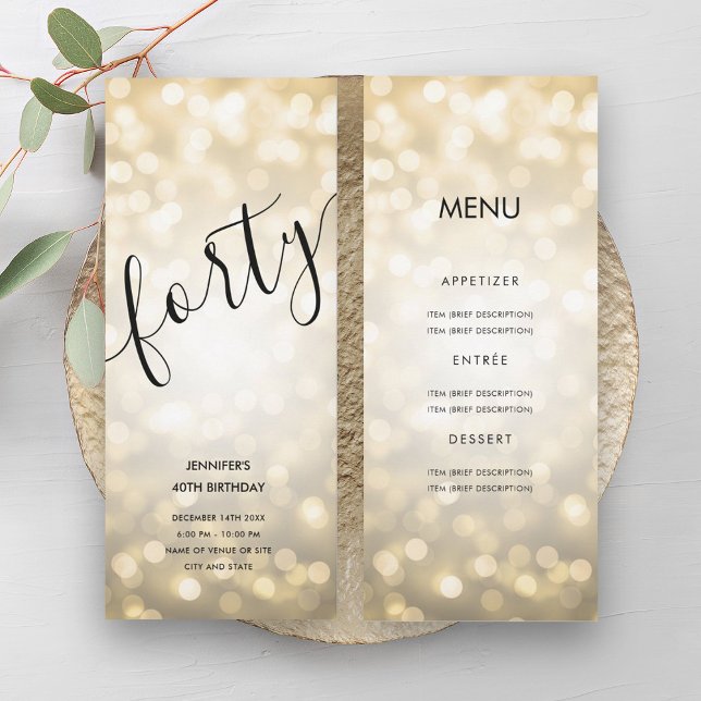 40th Birthday Menu Gold Glitter Lights Invitation (40th Birthday Menu Gold Glitter Lights Invitation)