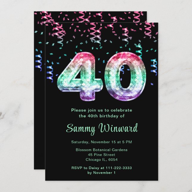 40th Birthday Mermaid Balloons with Confetti Invitation (Front/Back)