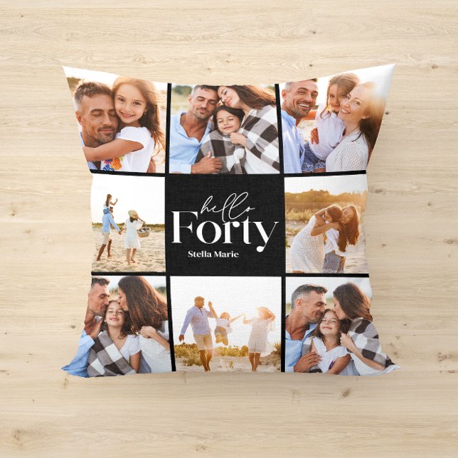 40th birthday modern black photo collage cushion (Creator Uploaded)