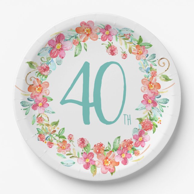 40th birthday modern floral garden party paper plate (Front)