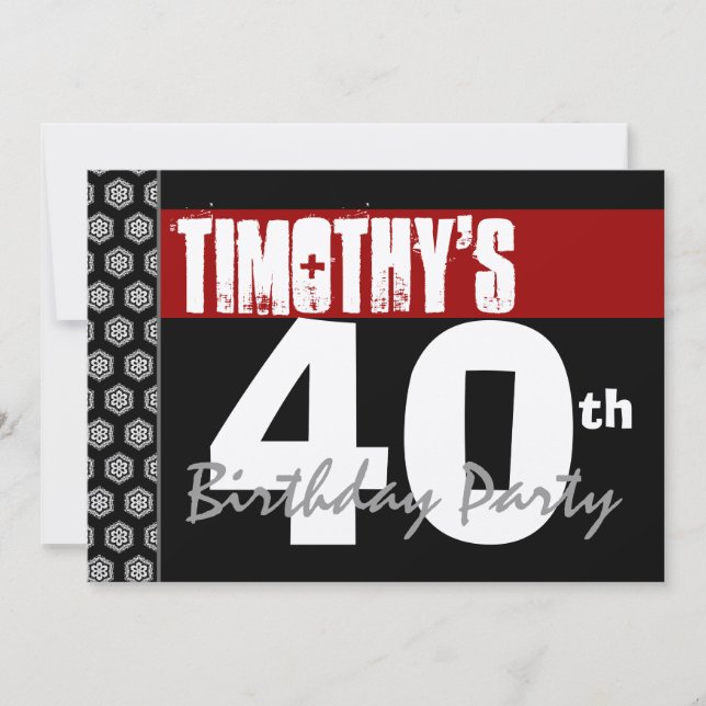 40th Birthday Modern For Him Red White Black W370 Invitation (Front)
