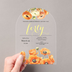 40th Birthday Modern Garden Orange White Flowers  Acrylic Invitations