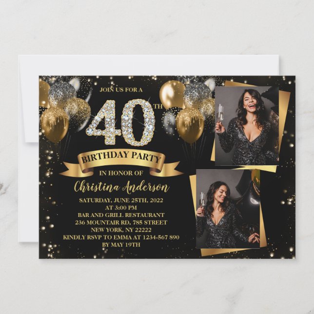 40th Birthday Modern Gold Glitter Balloons 2 Photo Invitation (Front)