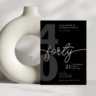 40th Birthday Modern Minimalist Black Grey  Invitation