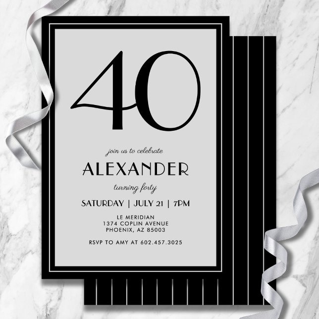 40th Birthday Modern Minimalist Mens Black Grey Invitation (A chic, gender-neutral invitation perfect for any milestone birthday.)