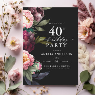 40th Birthday Modern Moody Burgundy Blush Floral Invitation