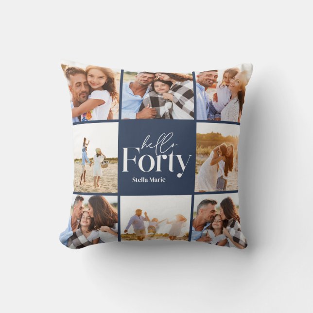 40th birthday modern navy blue photo collage cushion (Front)