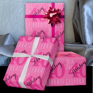 40th Birthday Modern Pink Typography Wrapping Paper