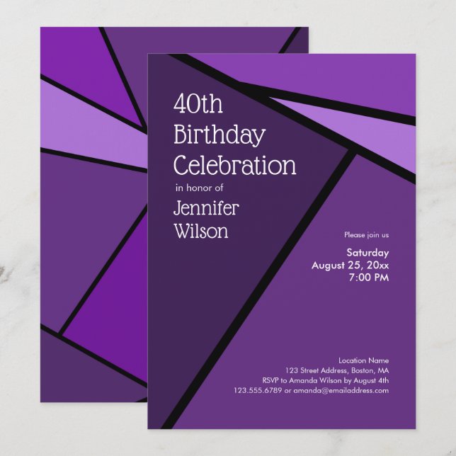 40th Birthday Modern Purple Geometric Shapes Invitation (Front/Back)