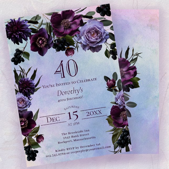 40th Birthday Moody Purple Gothic Flower Invitation (Creator Uploaded)