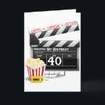 40th Birthday Movie Birthday Party Card<br><div class="desc">40th Movie Birthday party t-shirts,  party favours,  cards,  buttons for your Movie themed birthday party. 40th birthday presents and decorations with film movie clapboard,  popcorn,  lights,  camera,  action,  40. 40 year old gifts for people turning 40.</div>