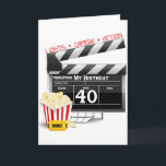 40th Birthday Movie Birthday Party Card<br><div class="desc">40th Movie Birthday party t-shirts,  party favours,  cards,  buttons for your Movie themed birthday party. 40th birthday presents and decorations with film movie clapboard,  popcorn,  lights,  camera,  action,  40. 40 year old gifts for people turning 40.</div>