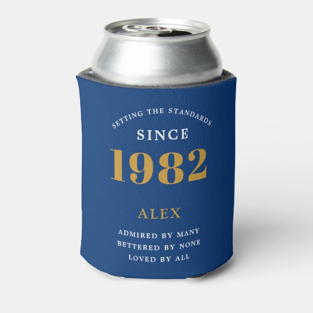 40th Birthday Name 1982 Blue Gold Elegant Chic Can Cooler (Can Back)