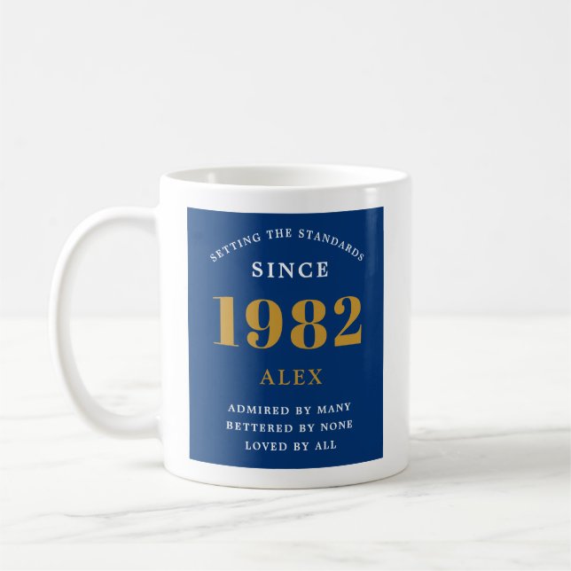 40th Birthday Name 1982 Blue Gold Elegant Chic Coffee Mug (Left)