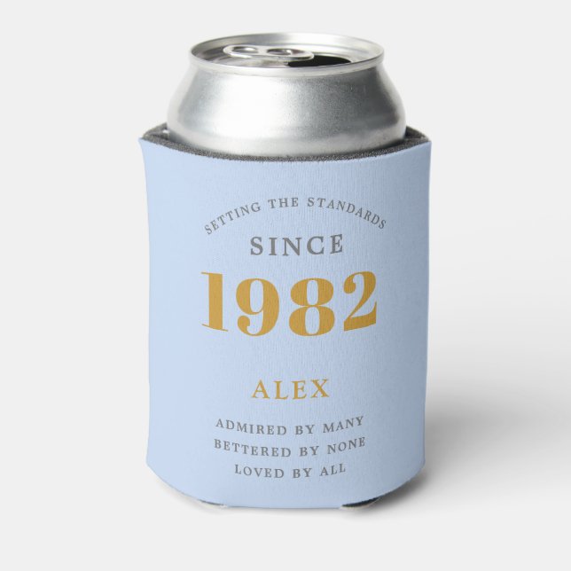 40th Birthday Name 1982 Blue Grey Elegant Chic Can Cooler (Can Back)