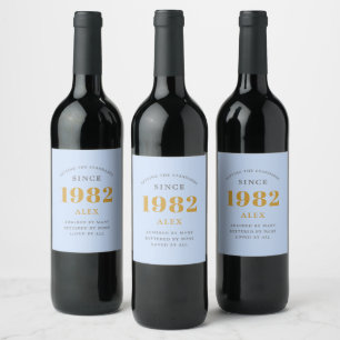40th Birthday Name 1982 Blue Grey Elegant Chic Wine Label
