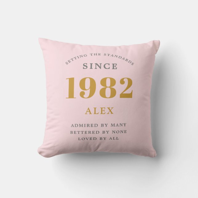 40th Birthday Name 1982 Pink Grey Elegant Chic Cushion (Front)