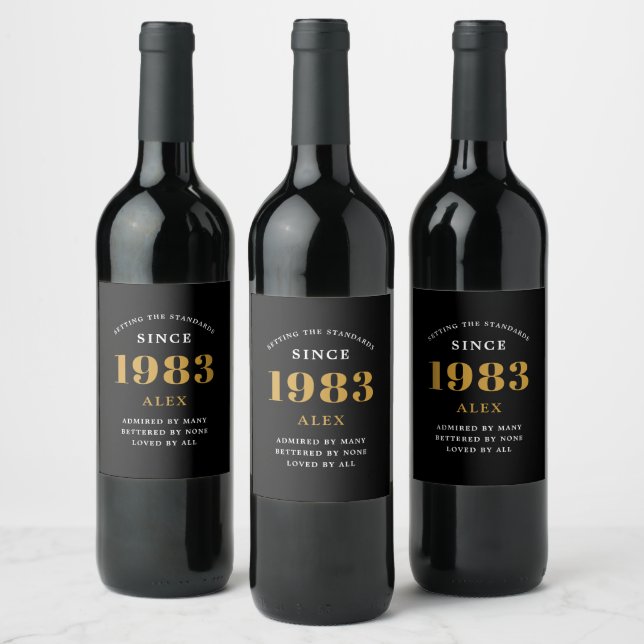 40th Birthday Name 1983 Black Gold Elegant Wine Label (Bottles)