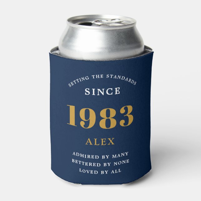 40th Birthday Name 1983 Blue Gold Elegant Chic Can Cooler (Can Front)