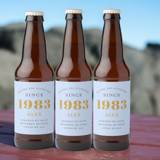 40th Birthday Name 1983 Blue Grey Elegant Chic Beer Bottle Label (Creator Uploaded)