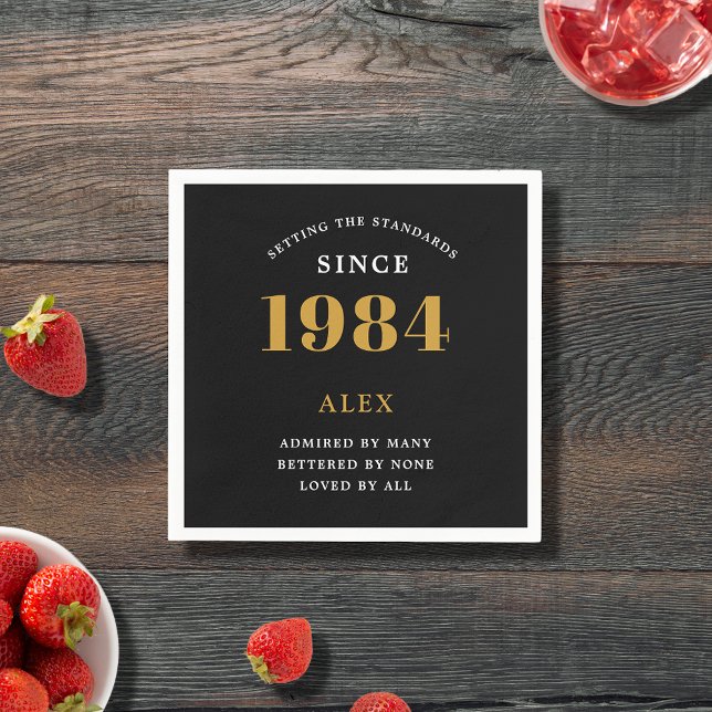 40th Birthday Name 1984 Black Gold Elegant Chic Napkin (Premium 40th Birthday Black and Gold Personalized Paper Napkins - Celebration Elegance)