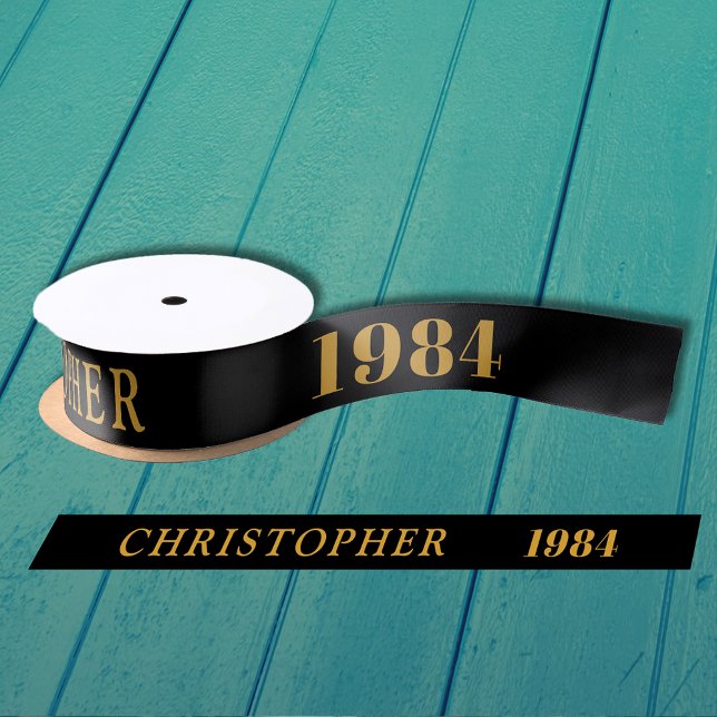 40th Birthday Name 1984 Black Gold Elegant Chic Satin Ribbon (40th Birthday Black Gold Elegant Chic Satin Ribbon Born 1984 - Personalized Celebration Accessory)