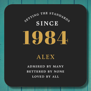 40th Birthday Name 1984 Black Gold Elegant Chic Square Paper Coaster