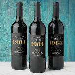 40th Birthday Name 1984 Black Gold Elegant Chic Wine Label<br><div class="desc">1984 Vintage 40th Birthday Black & Gold Elegant Wine Label. Celebrate your milestone with our exclusive 1984 Vintage 40th birthday wine label. The meticulously designed label with stunning black and gold hues effortlessly enhances the visual appeal of your favourite wine. The year 1984, prominently featured on the label, adds a...</div>