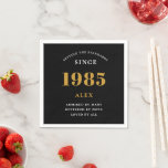40th Birthday Name 1985 Black Gold Elegant Chic Napkin<br><div class="desc">Premium 40th Birthday Black and Gold Personalised Paper Napkins - Celebration Elegance. Celebrate a milestone birthday in style with our chic, premium-quality, birthday paper napkins. Exquisitely designed with a striking black and gold colour scheme, these napkins add a touch of luxury and sophistication to any birthday bash. Express your personal...</div>
