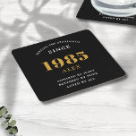 40th Birthday Name 1985 Black Gold Elegant Chic Square Paper Coaster<br><div class="desc">Premium 40th Birthday Black and Gold Personalised Paper Coasters - Celebration Elegance. Celebrate a milestone birthday in style with our chic, premium-quality, 40th Birthday paper coasters. Exquisitely designed with a striking black and gold colour scheme, these coasters add a touch of luxury and sophistication to any 40th birthday bash. Express...</div>