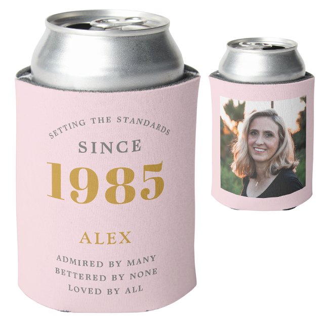 40th Birthday Name 1985 Chic Pink Grey Photo Can Cooler (pink gold grey personalized 40th birthday can cooler with photograph)