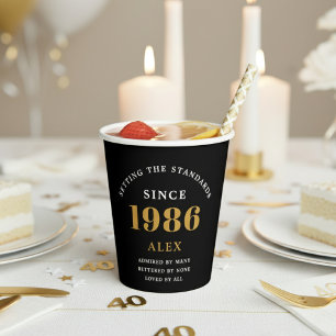 40th Birthday Name 1986 Black Gold Elegant Chic Paper Cups