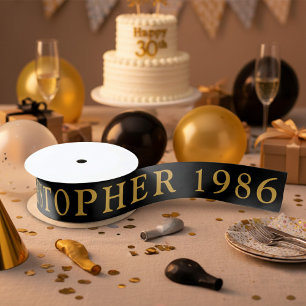 40th Birthday Name 1986 Black Gold Elegant Chic Satin Ribbon