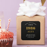 40th Birthday Name 1986 Black Gold Elegant Chic Square Sticker<br><div class="desc">40th Birthday born 1986. Exceptionally Chic Black and Gold Square Sticker. Celebrate your milestone in style with our Elegant Chic Square Sticker, spotlighting a classy black and gold color scheme. Crafted meticulously in honor of those born in this year, this sticker adds a sophisticated touch to any birthday celebration! Each...</div>