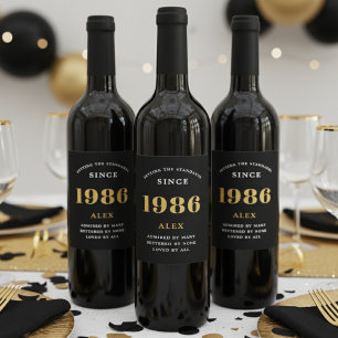 40th Birthday Name 1986 Black Gold Elegant Chic Wine Label