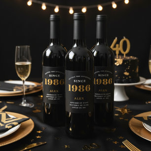 40th Birthday Name 1986 Black Gold Elegant Chic Wine Label