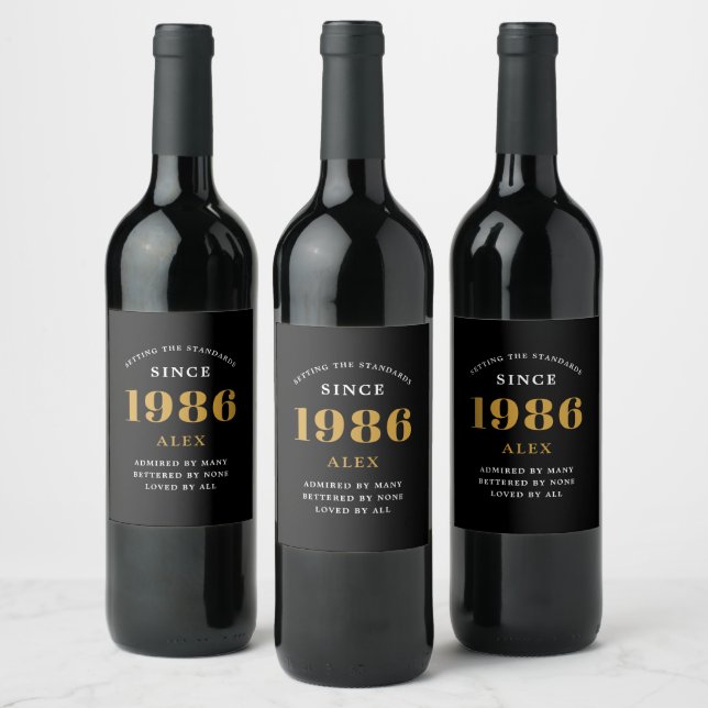 40th Birthday Name 1986 Black Gold Elegant Chic Wine Label (Bottles)