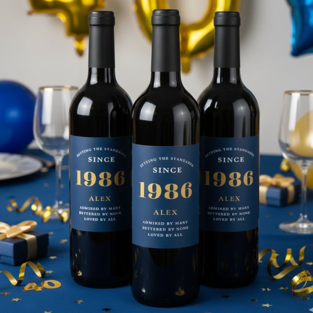 40th Birthday Name 1986 Blue Gold Elegant Chic Wine Label (40th Birthday blue wine bottle labels on red wine bottles.)