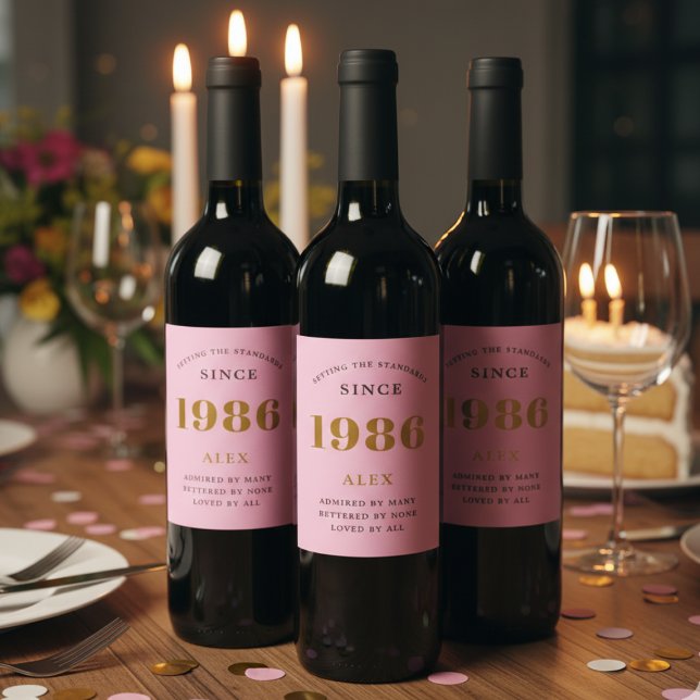 40th Birthday Name 1986 Pink Gold Elegant Chic Wine Label (1986 wine bottle labels on a party table.)