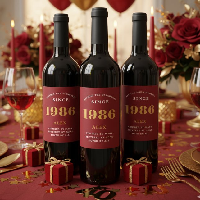 40th Birthday Name 1986 Red Gold Elegant Chic Wine Label (40th birthday red wine bottle labels on dark wine bottles.)