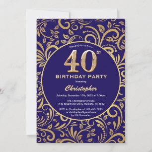 40th Birthday Navy Blue and Gold Floral Pattern Invitation