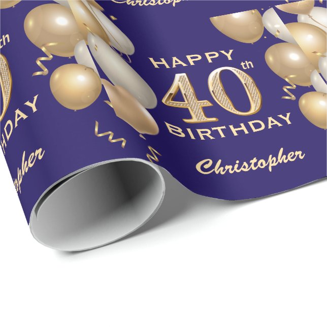 40th Birthday Navy Blue and Gold Glitter Balloons Wrapping Paper (Roll Corner)