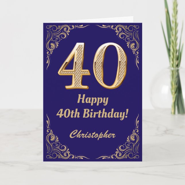 40th Birthday Navy Blue and Gold Glitter Frame Card (Front)