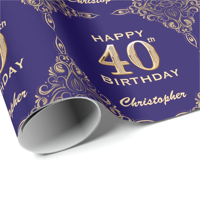 40th Birthday Navy Blue and Gold Glitter Frame Wrapping Paper (Roll Corner)