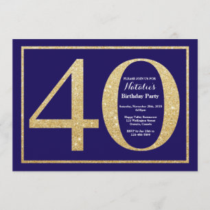 40th Birthday Navy Blue and Gold Glitter Invitation